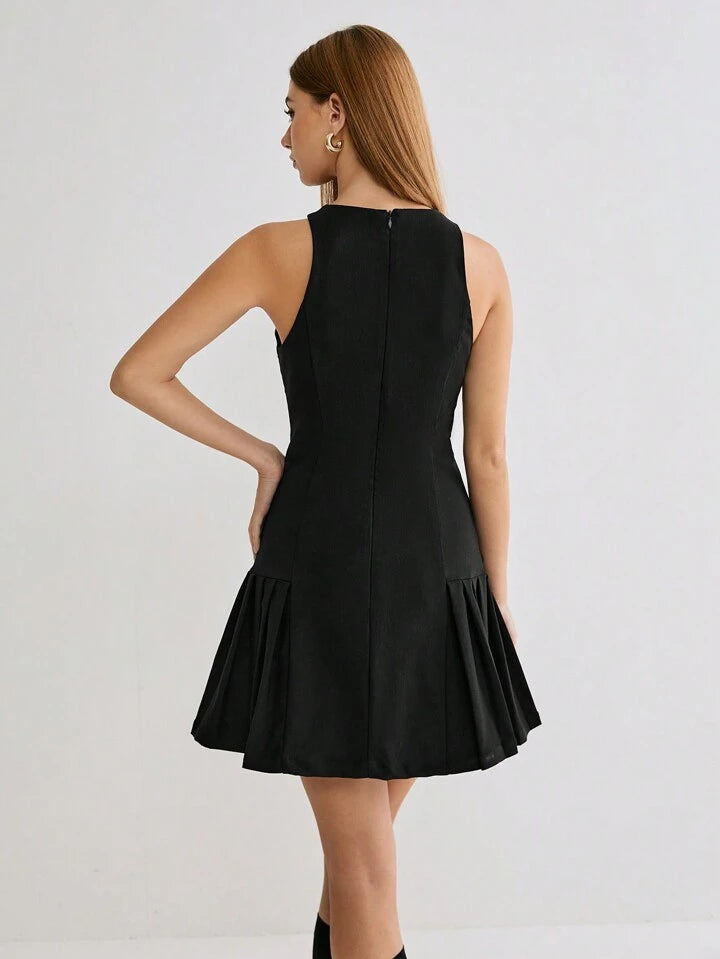CM-DS443316 Women Casual Seoul Style Round Neck Sleeveless Belt Decor Pleated Hem Mini Dress - Black