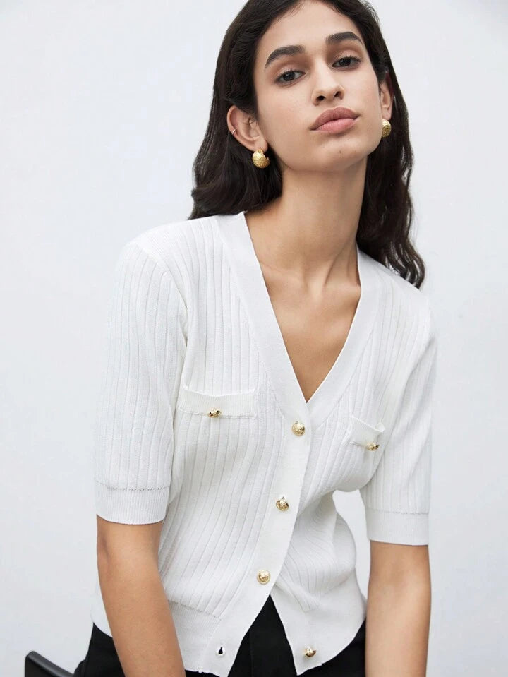 CM-TS513431 Women Casual Seoul Style V-Neck Short Sleeve Button Front Knit Blouse - White
