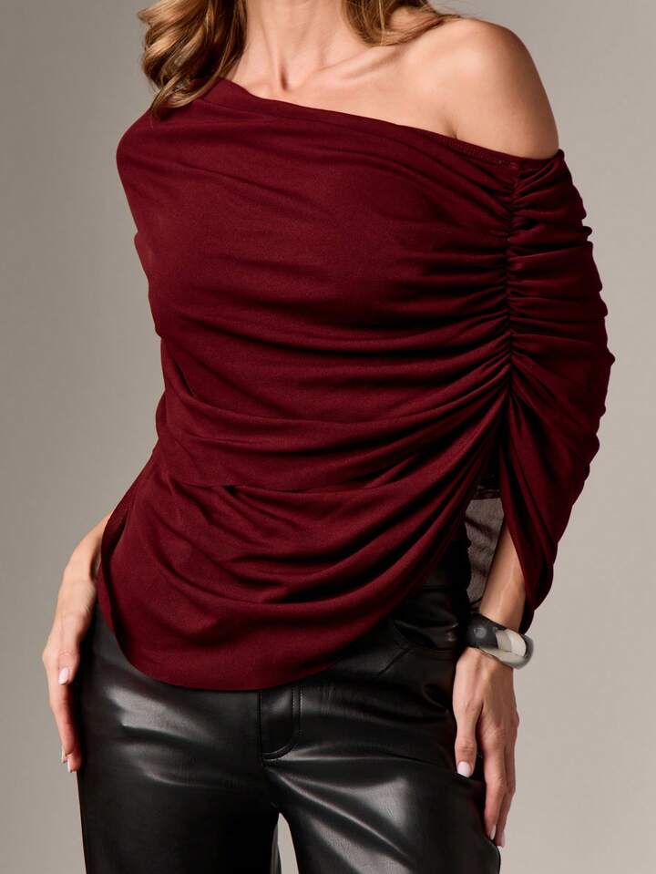 CM-TS388525 Women Elegant Seoul Style Off Shoulder Ruched Draped Long Sleeve Blouse - Burgundy