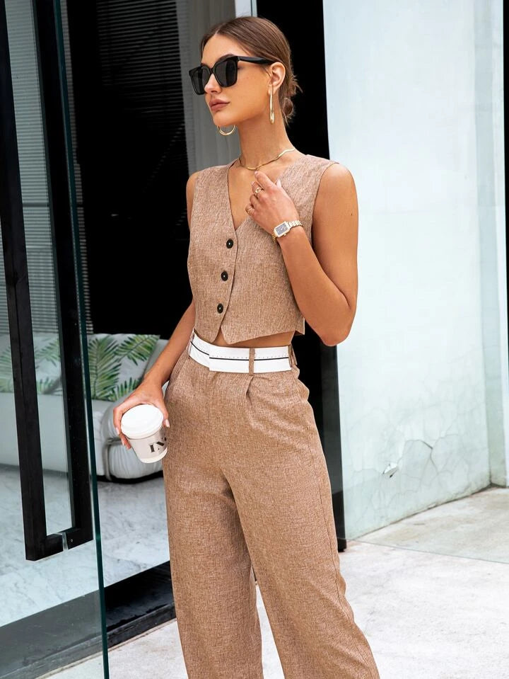 CM-SS244071 Women Casual Seoul Style Button Front Vest Blazer With Wide Leg Pants Suit - Brown