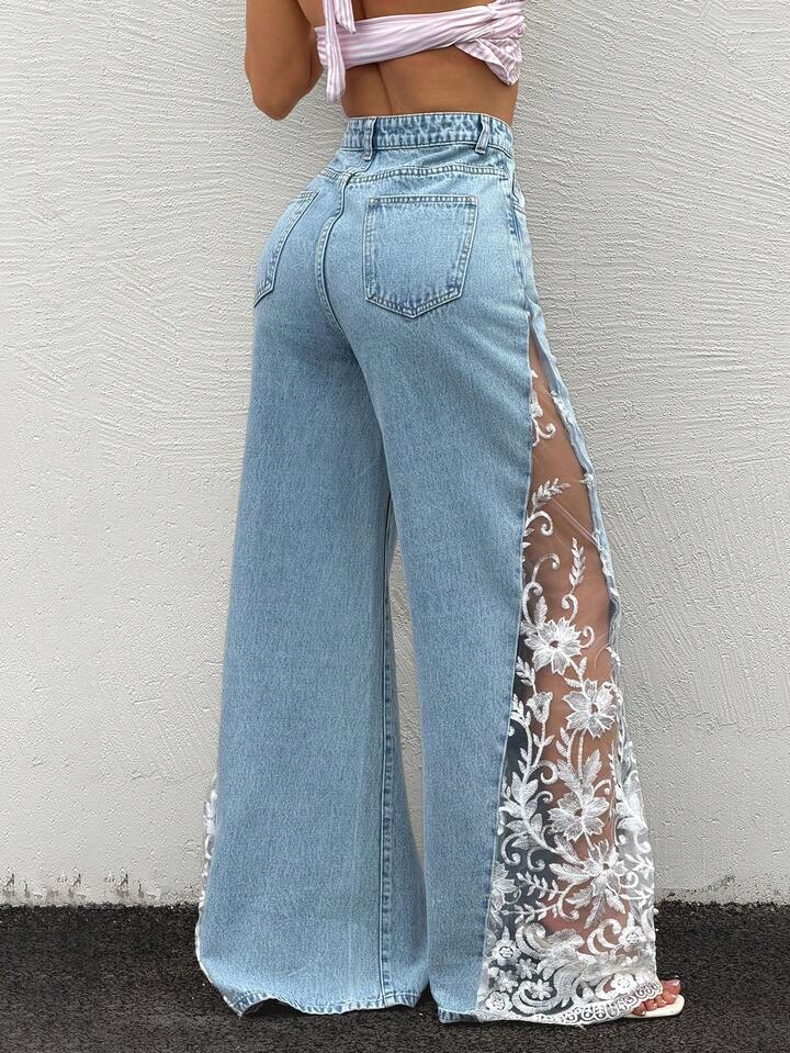CM-BS984479 Women Casual Seoul Style Lace Patchwork Sheer Loose Denim Wide Leg Pants - Blue