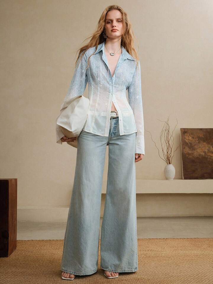 CM-TS152668 Women Elegant Seoul Style Gradient Rhinestone Stand-Up Collar Long Sleeve Blouse - Blue