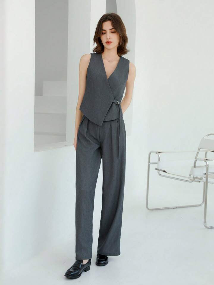 CM-SS221120 Women Elegant Seoul Style Sleeveless Vest With Pleated Straight-Leg Pants Suit - Gray