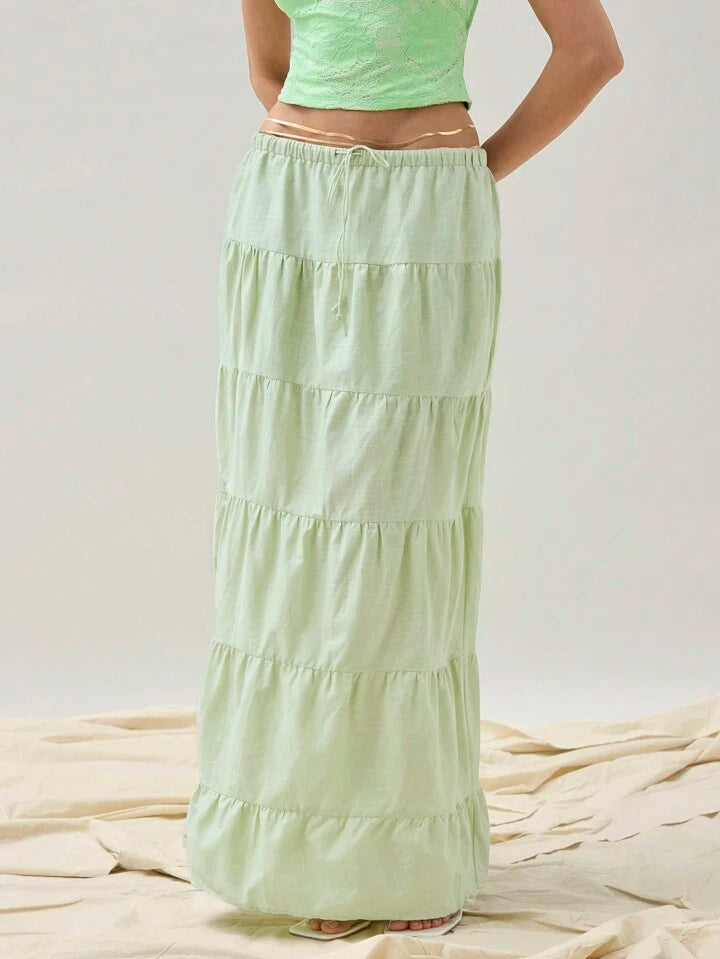 CM-BS019082 Women Trendy Bohemian Style Ultra Low Waist Pleated Maxi Skirt - Mint Green