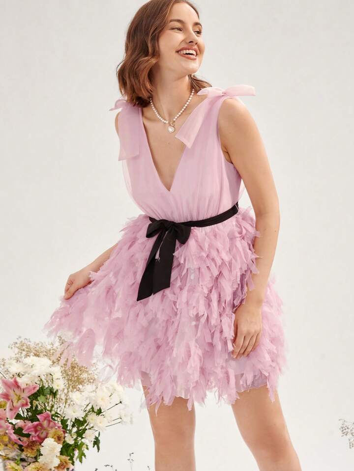 CM-DS533086 Women Elegant Seoul Style Tie Shoulder Belted Fuzzy Trim Dress With Belt - Pink