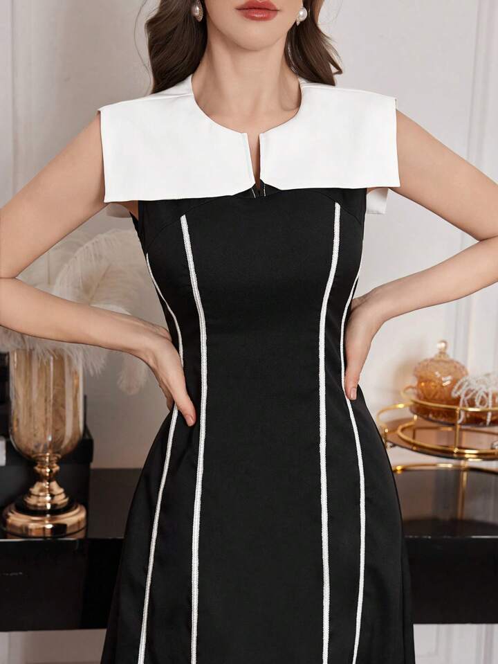 CM-DS160677 Women Elegant Seoul Style Notched Neckline Sleeveless Color Blocked A-Line Dress