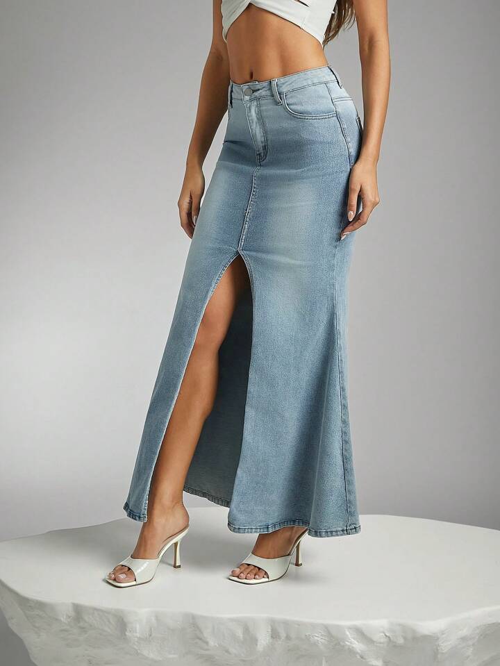 CM-BS459927 Women Casual Seoul Style Light Wash Pocket Split Hem Mermaid Denim Maxi Skirt