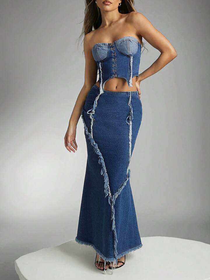 CM-BS199353 Women Casual Seoul Style Frayed Lace Detail Distressed Hem Denim Mermaid Skirt