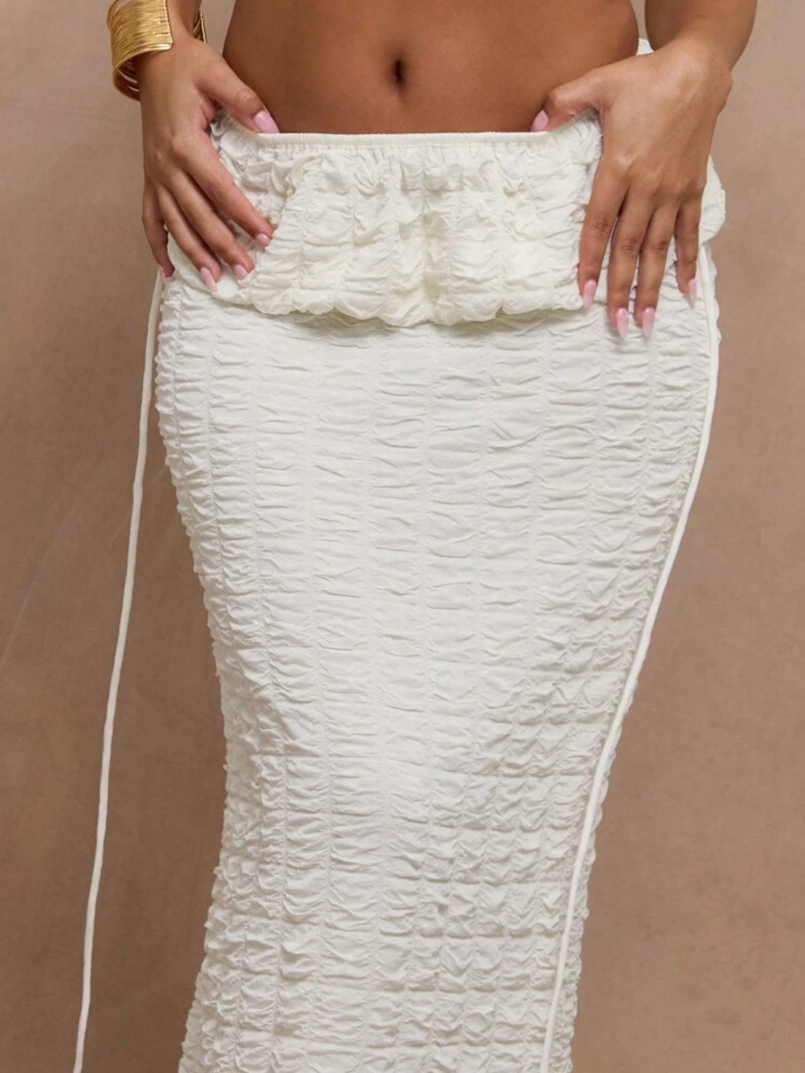 CM-BS112722 Women Trendy Bohemian Style Textured Folded Waist Maxi Skirt - Beige