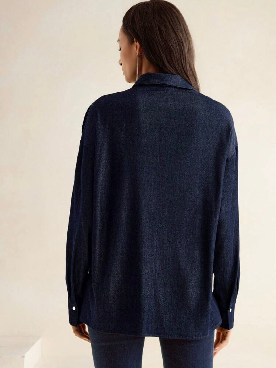 CM-TS053019 Women Elegant Seoul Style Drop Shoulder Collared Pleated 3D Floral Denim Blouse