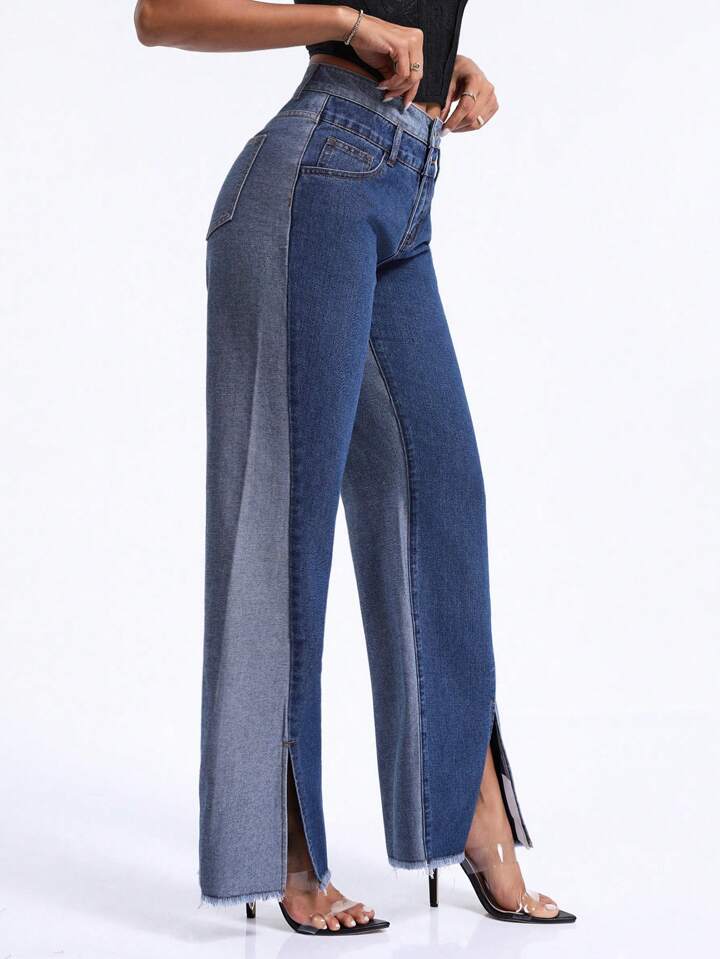 CM-BS624122 Women Casual Seoul Style Contrast Color Split Wide-Leg Jeans - Blue