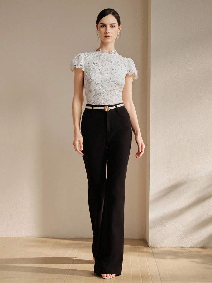 CM-TS934769 Women Casual Seoul Style Lace Patchwork Hollow Elastic Lace Floral Fitted Blouse - White