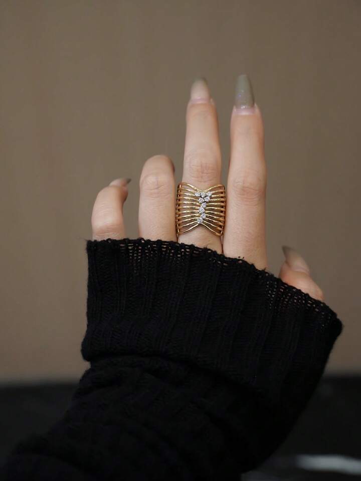 CM-AR947767 925 Sterling Silver Hollow Craft Wide Band Wave Line Minimalist Ring - Gold