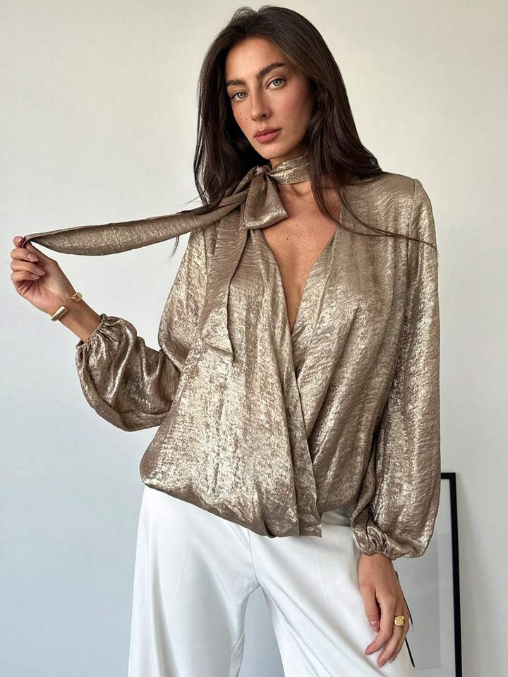 CM-TS134766 Women Elegant Seoul Style Tie Neck Cross-Wrap Lantern Sleeve Shirt - Gold