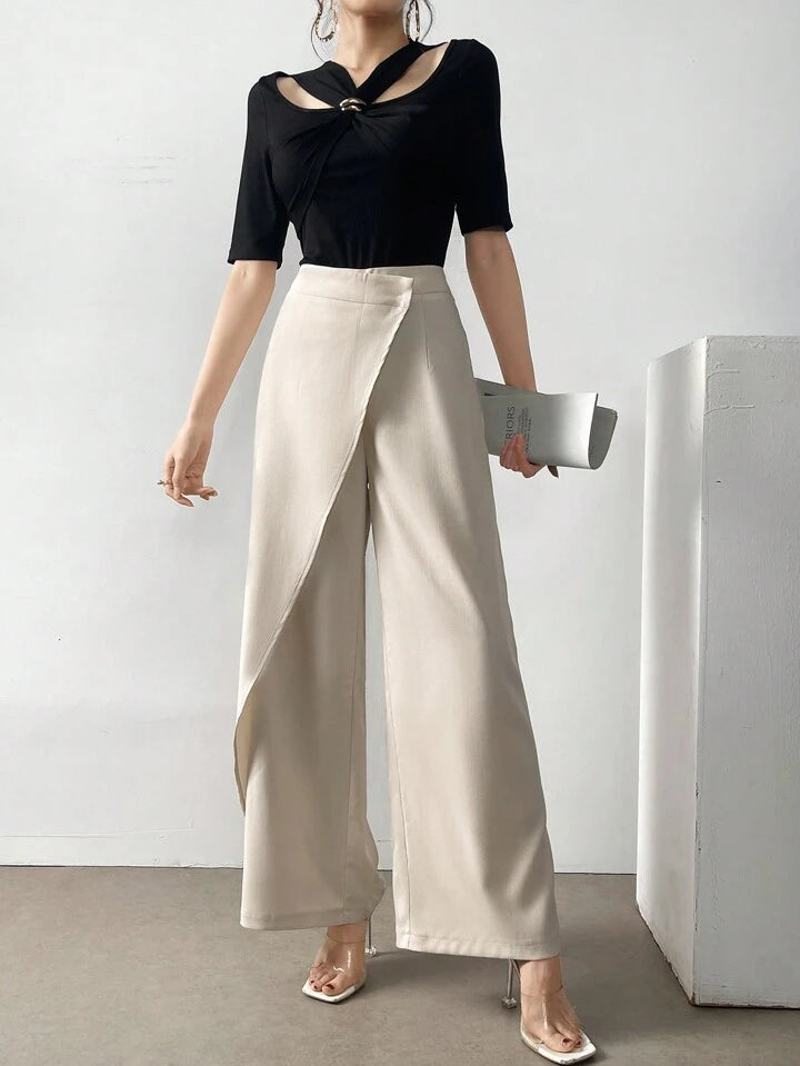 CM-BS770287 Women Casual Seoul Style Solid Color Elastic Waist Straight Leg Trouser - Khaki