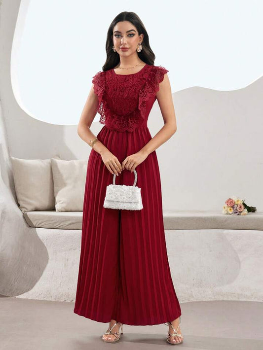 CM-JS550455 Women Elegant Seoul Style Solid Color Embroidered Lace Trim Pleated Wide Leg Jumpsuit
