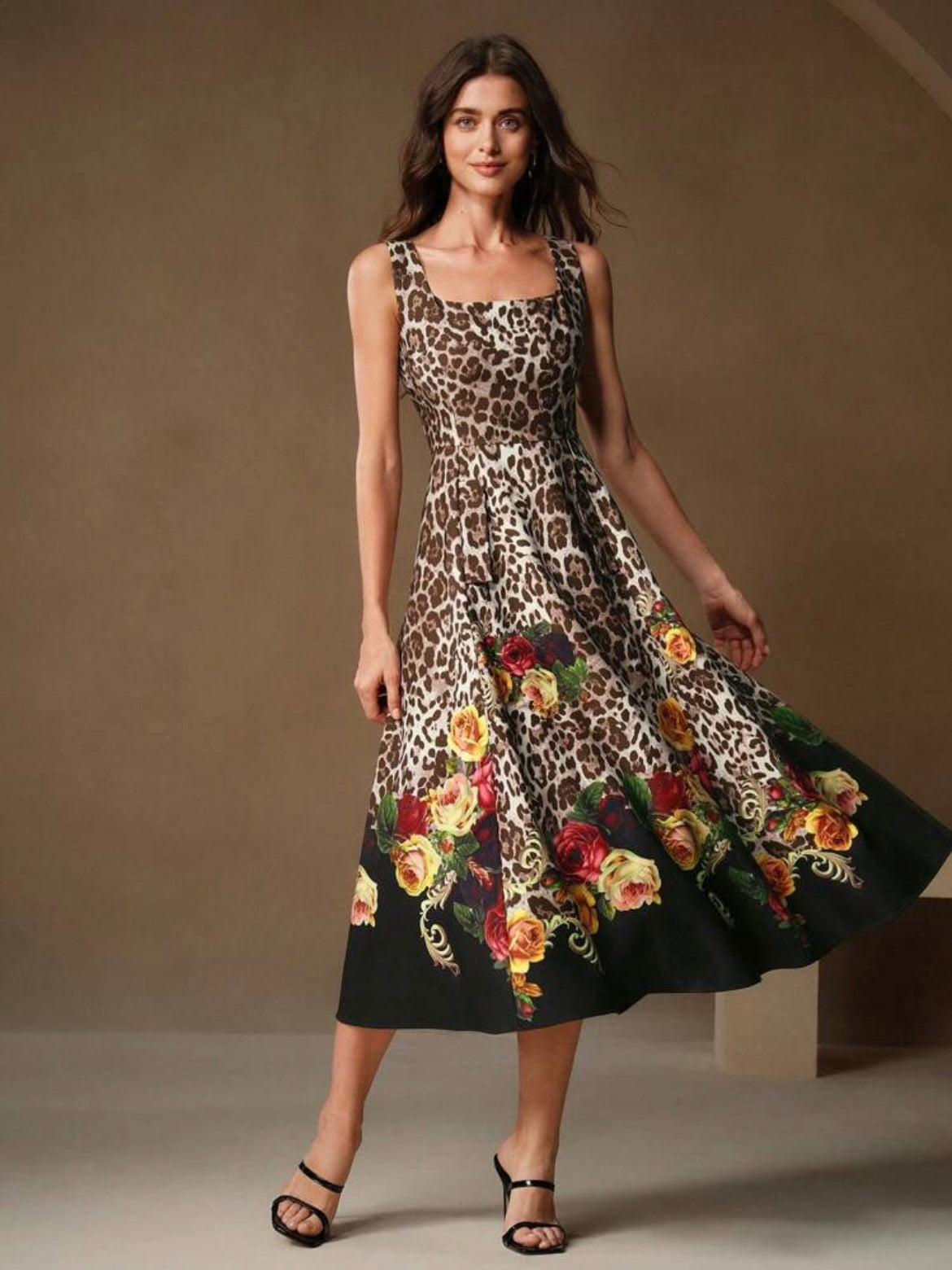 CM-DS668199 Women Elegant Seoul Style Leopard And Floral Print Wide Strap Sleeveless Midi Dress