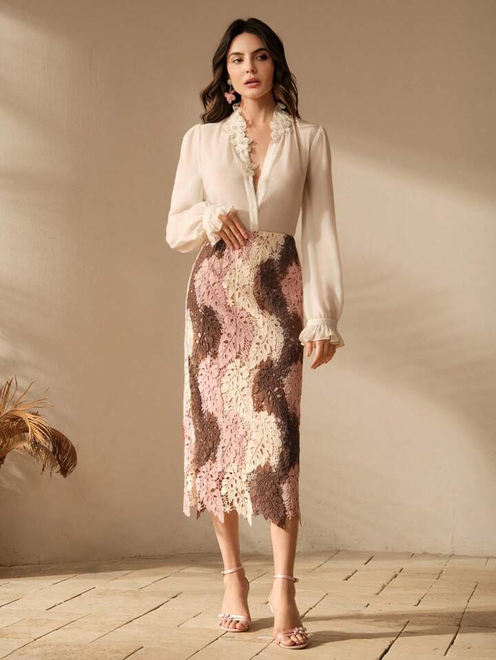 CM-BS058071 Women Elegant Seoul Style Contrast Color Hollow Embroidered Asymmetrical Skirt