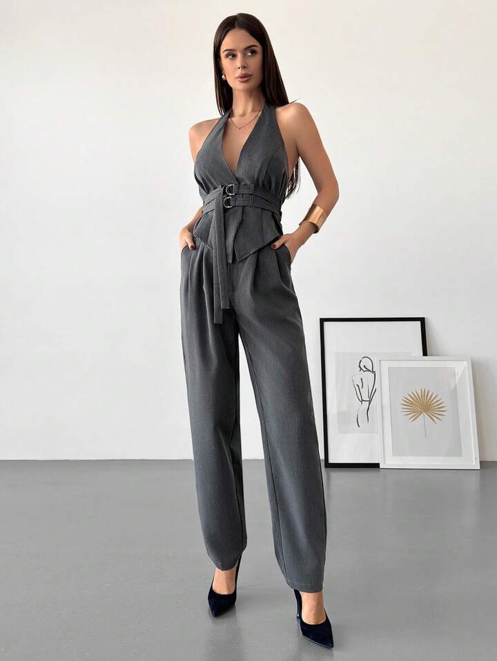 CM-SS112354 Women Elegant Seoul Style Halter Deep V Wrap Metal Buckle Open Back Skinny Camisole With Long Skirt - Set