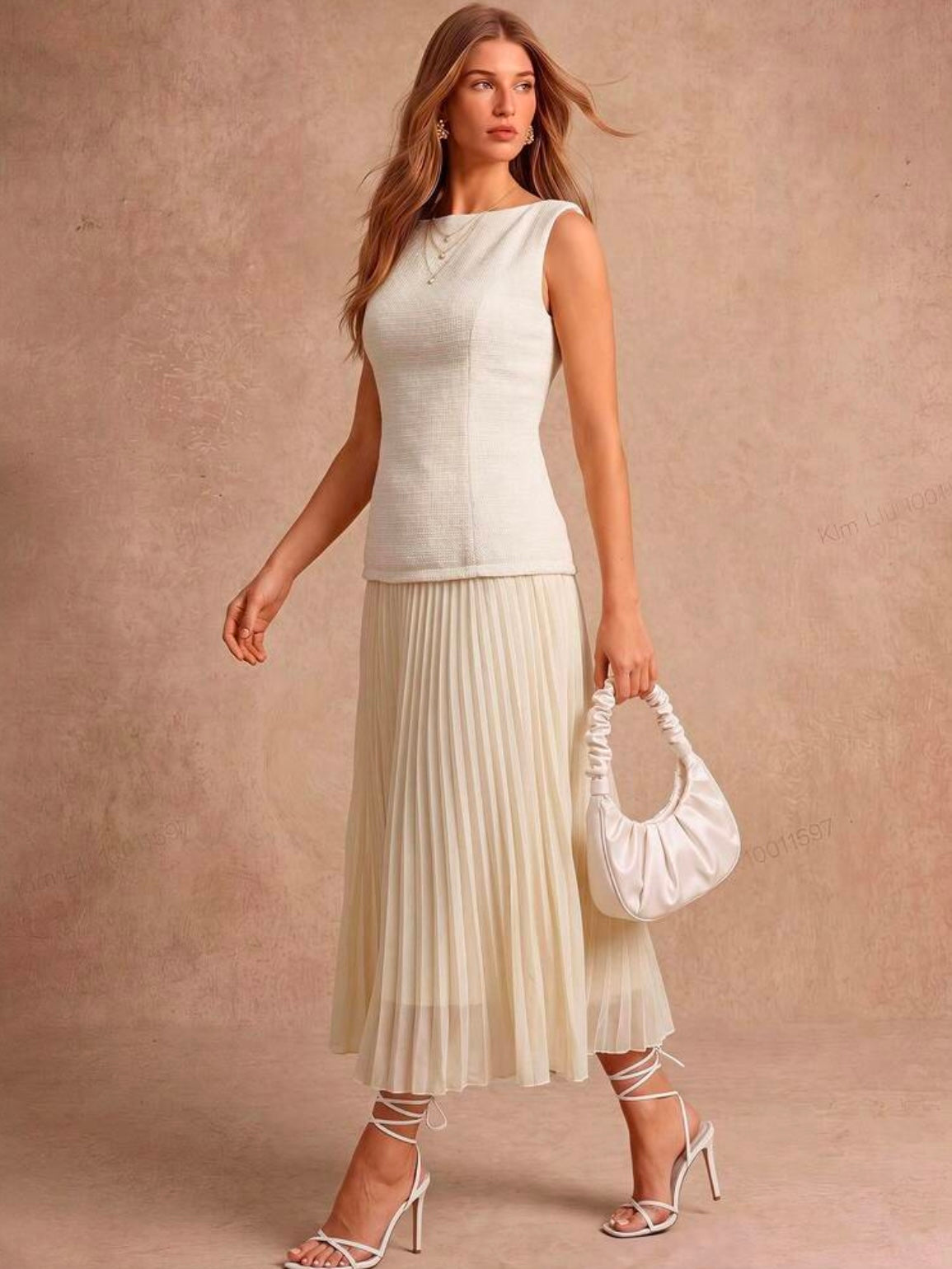 CM-DS567698 Women Elegant Seoul Style Boat Neck Sleeveless Pleated Hem Backless Maxi Dress - Beige