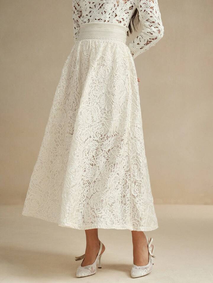 CM-BS269985 Women Elegant Seoul Style High Waist Floral Lace Jacquard Sheer Layered Skirt - Apricot