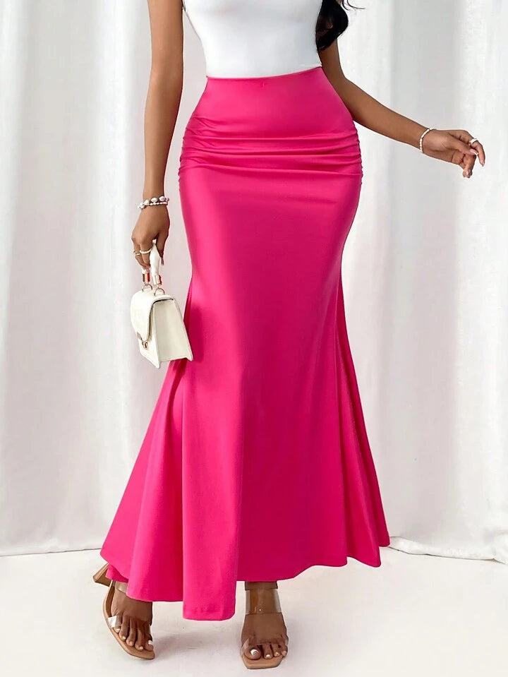CM-BS112295 Women Elegant Seoul Style High Waist Pleated Fish Tail Skirt - Hot Pink