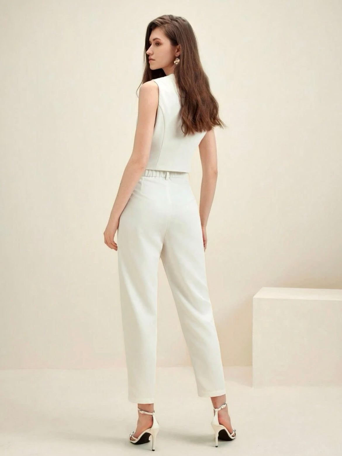 CM-SS908096 Women Elegant Seoul Style Cream-Colored Suit Jacket With Tapered Trousers - Set