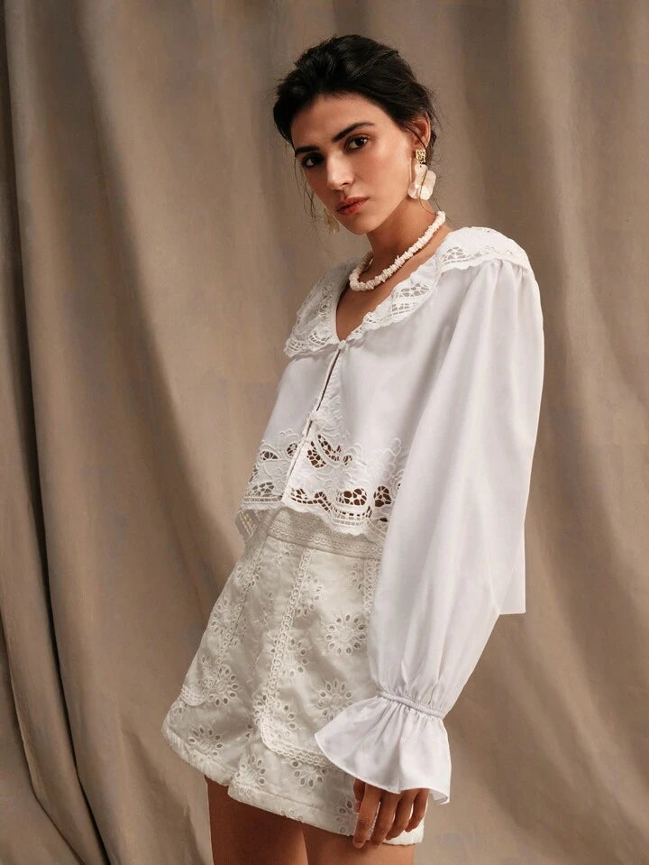 CM-TS637517 Women Trendy Bohemian Style Symmetrical Lace Detail Open-Front Shirt - White