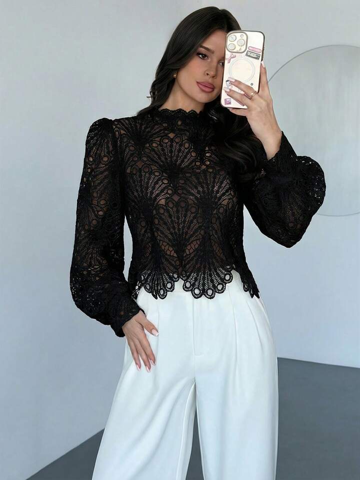 CM-TS794260 Women Elegant Seoul Style Mandarin Collar Lace Sheer Lantern Sleeve Blouse - Black