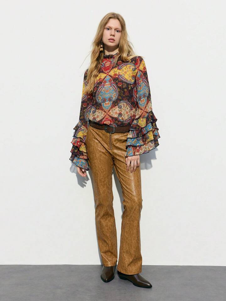 CM-TS979228 Women Trendy Bohemian Style Stand Collar Floral Print Bell Sleeve Layered Blouse