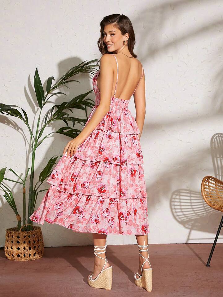 CM-DS071709 Women Elegant Seoul Style Floral Layered Ruffle Split High Waist Dress