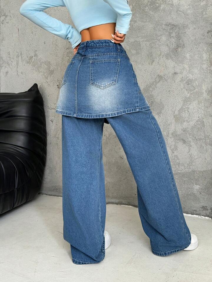 CM-BS529987 Women Casual Seoul Style Medium Wash Fake Two Piece Flares Loose Jeans