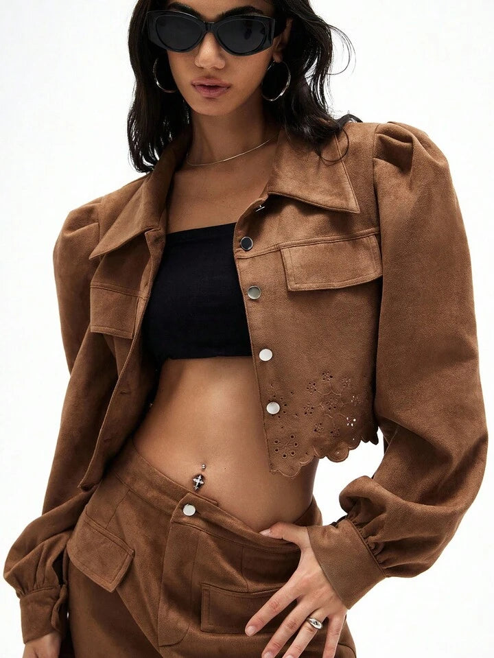 CM-SS666861 Women Elegant Seoul Style Floral Embroidery Faux Suede Puff Sleeve Cargo Jacket With Skirt - Set