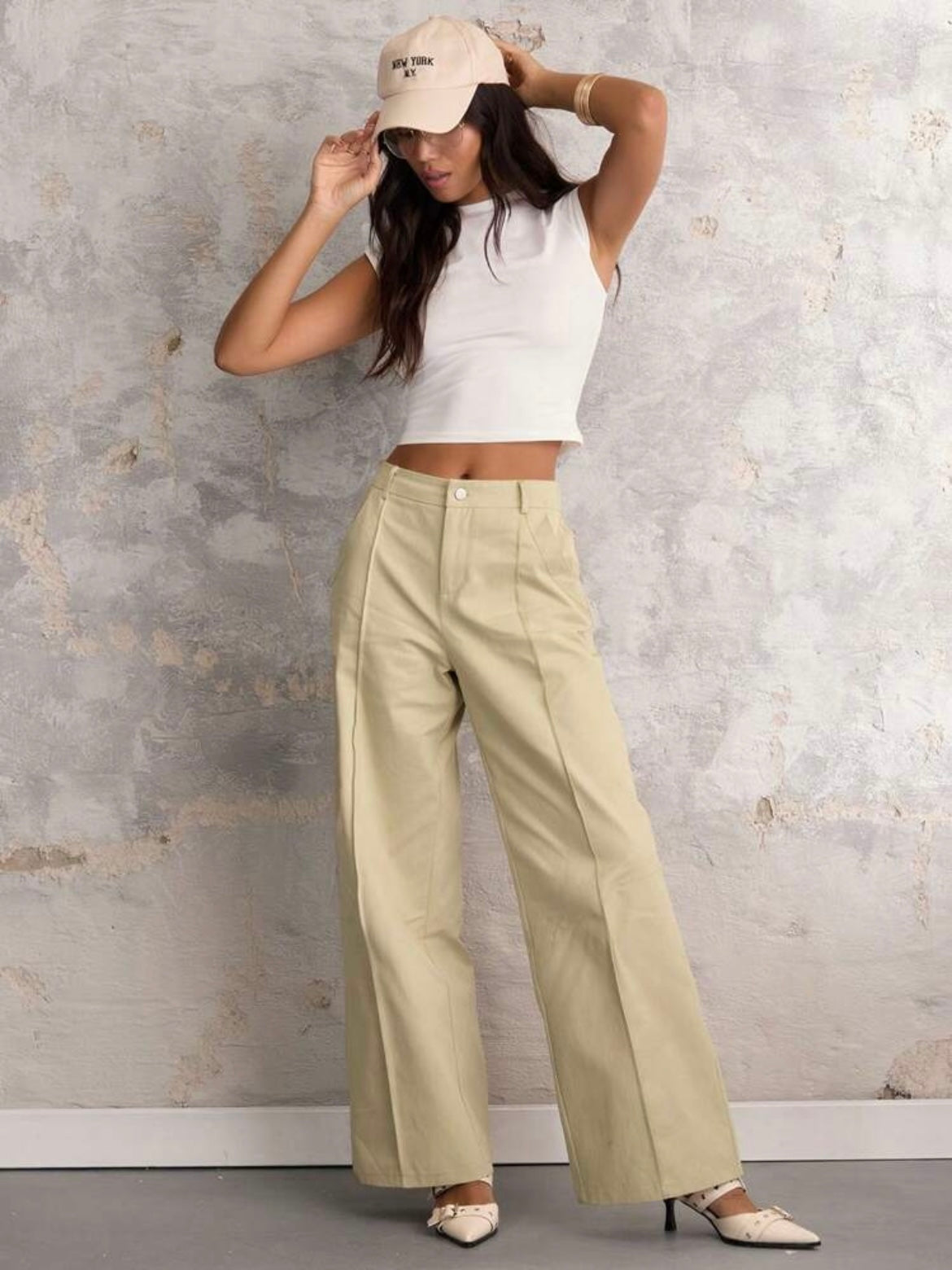 CM-BS760766 Women Casual Seoul Style Front Button Pocket Drop Waist Wide Leg Pants - Khaki