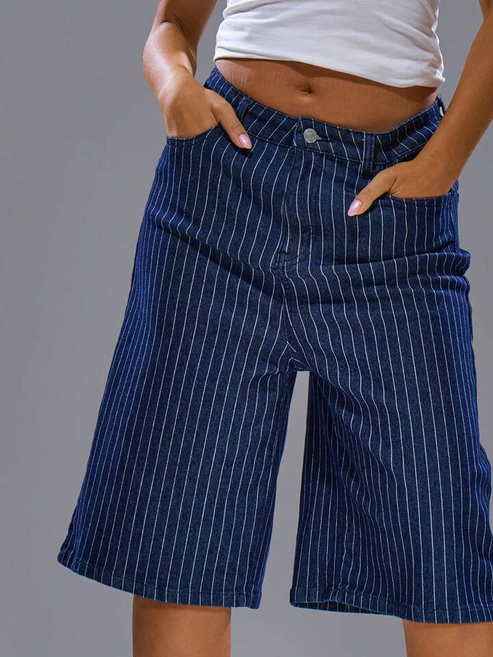 CM-BS726982 Women Casual Seoul Style Dark Wash Low Waist Longline Pinstripe Denim Jorts