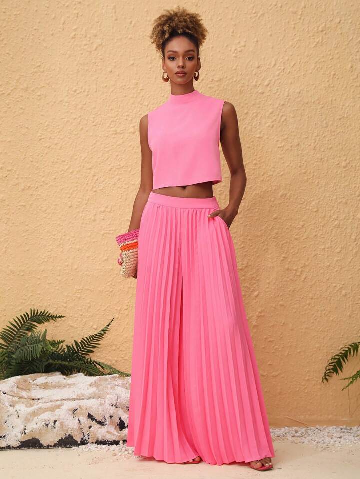 CM-BS398934 Women Trendy Bohemian Style High Waisted Pleated Wide Leg Pants - Pink
