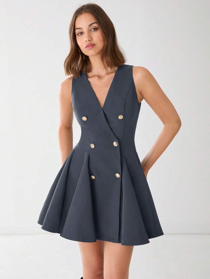 CM-DS811773 Women Elegant Seoul Style V-Neck Front Button Sleeveless A-Line Mini Dress - Dark Gray