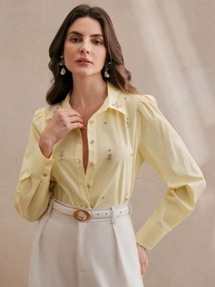 CM-TS115884 Women Elegant Seoul Style Long Sleeve Rhinestone Button Blouse - Yellow