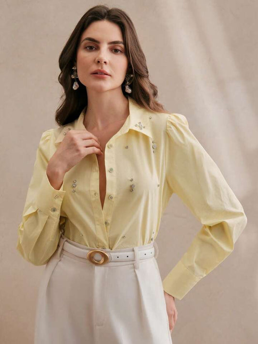 CM-TS115884 Women Elegant Seoul Style Long Sleeve Rhinestone Button Blouse - Yellow
