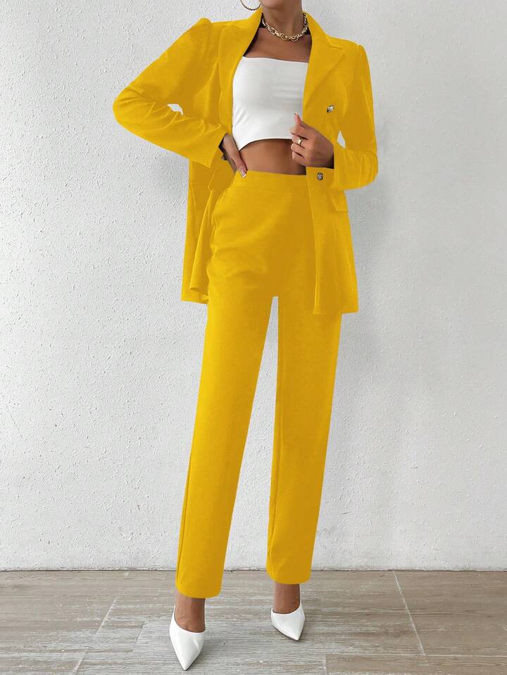 CM-SS464862 Women Elegant Seoul Style Double-Breasted Blazer With Trousers Suit - Yellow