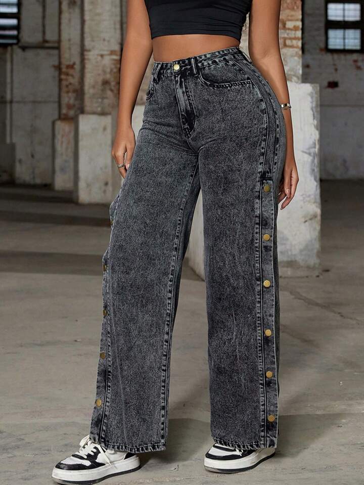CM-BS145545 Women Vintage Seoul Style High Waist Metal Buckle Side Slant Pocket Wide Leg Jeans - Gray