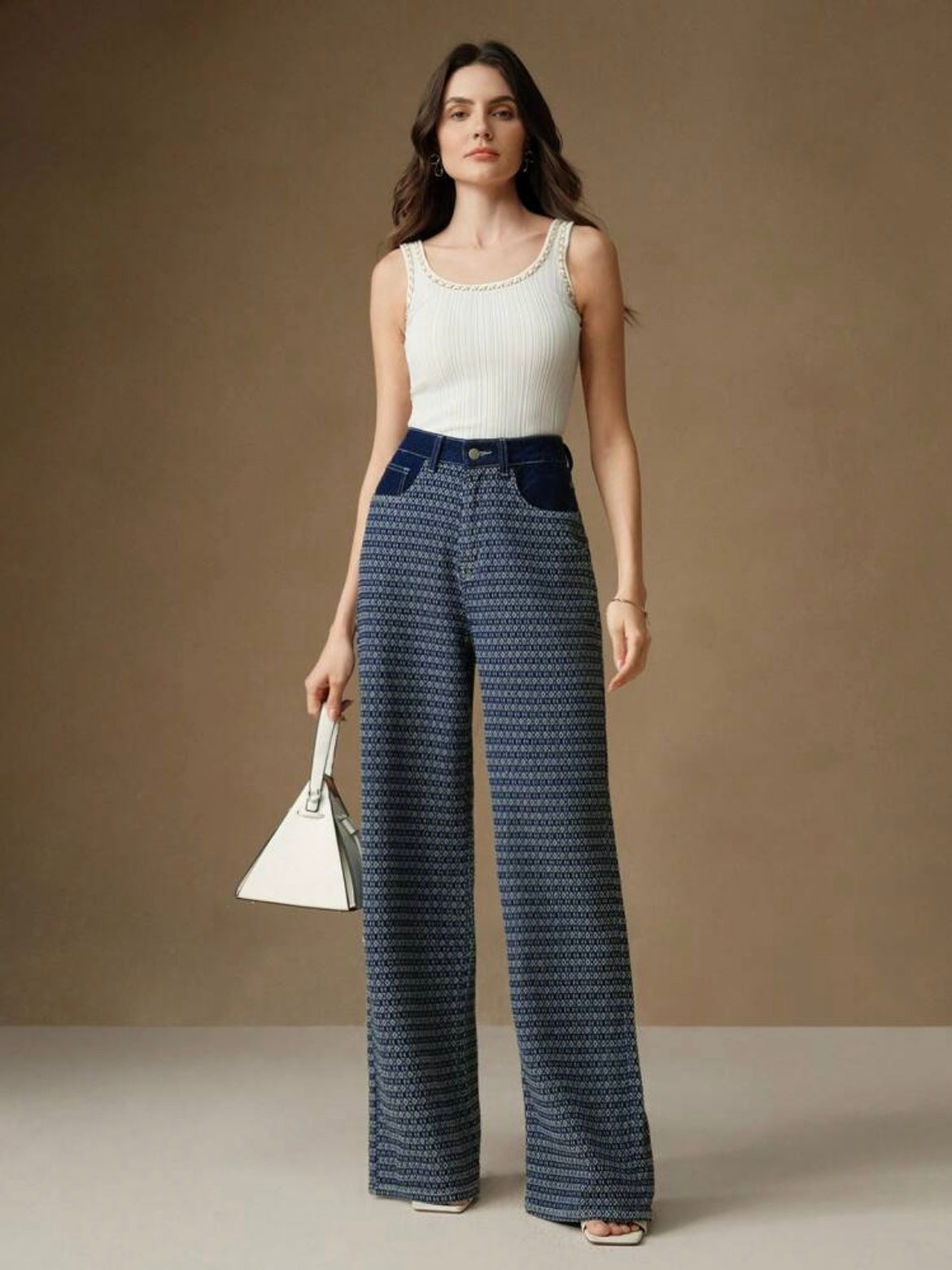 CM-BS572092 Women Casual Seoul Style Colorblock Jacquard Loose Wide-Leg Jeans - Dark Blue