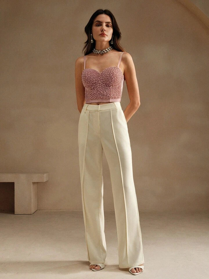CM-TS942269 Women Elegant Seoul Style Faux Pearl Studded Camisole Tank Top - Pink