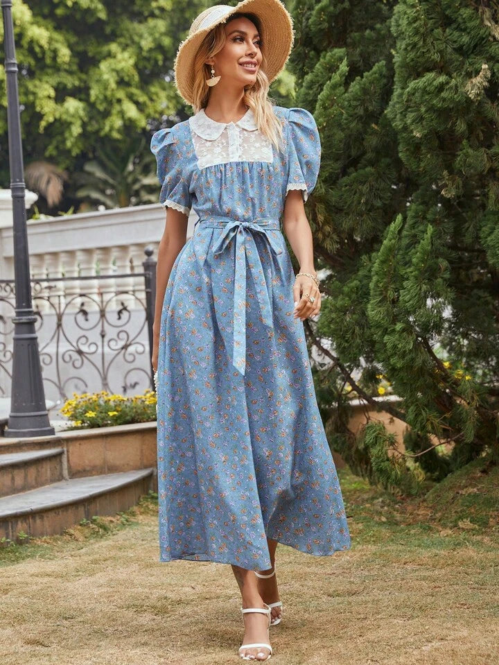 CM-DS111938 Women Trendy Bohemian Style Mesh Doll Collar Floral Embroidery Bubble Sleeve Dress