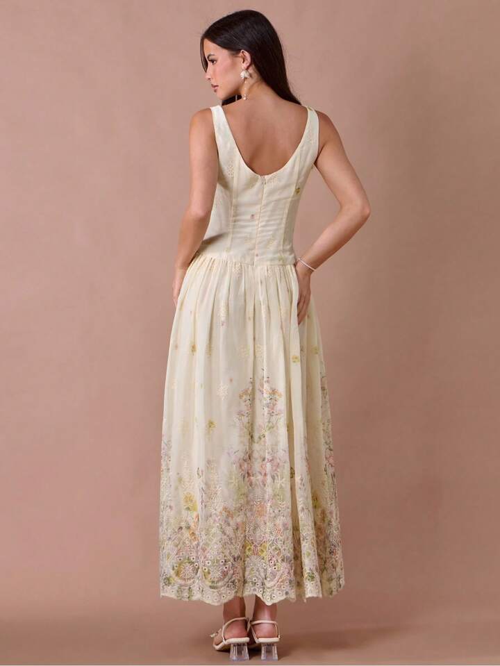CM-DS074678 Women Elegant Seoul Style Floral Print Embroidered Single-Breasted Sleeveless Long Dress
