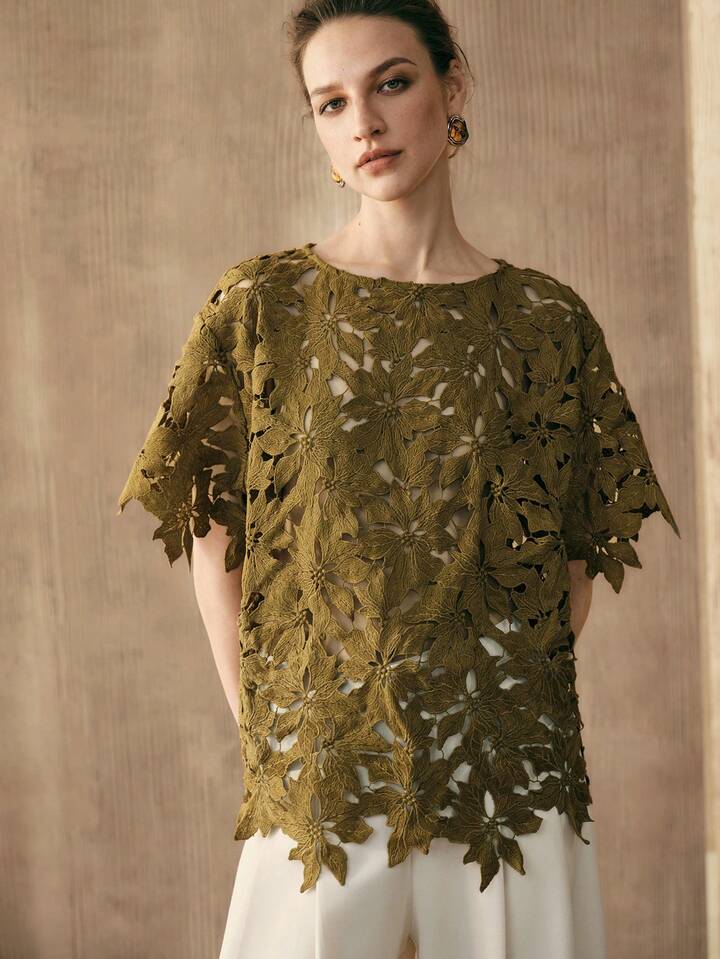 CM-TS431295 Women Trendy Bohemian Style Embroidered Round Neck Short Sleeve Top - Green