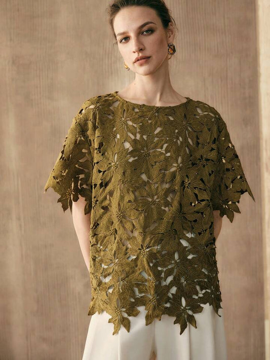CM-TS431295 Women Trendy Bohemian Style Embroidered Round Neck Short Sleeve Top - Green
