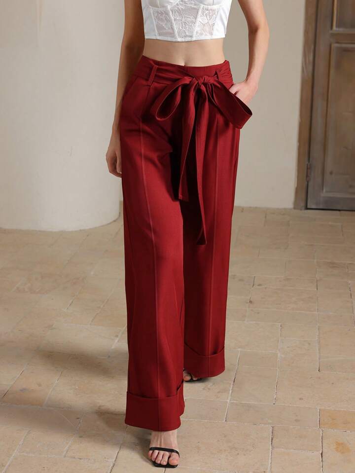 CM-BS645480 Women Elegant Seoul Style High Waist Belted Wide Leg Pants - Burgundy