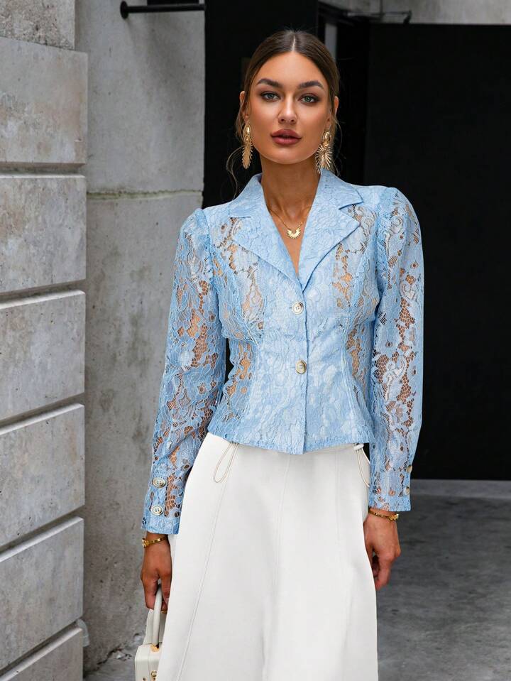 CM-TS109811 Women Elegant Seoul Style Lace Lapel Collar Long Sleeve Shirt - Blue