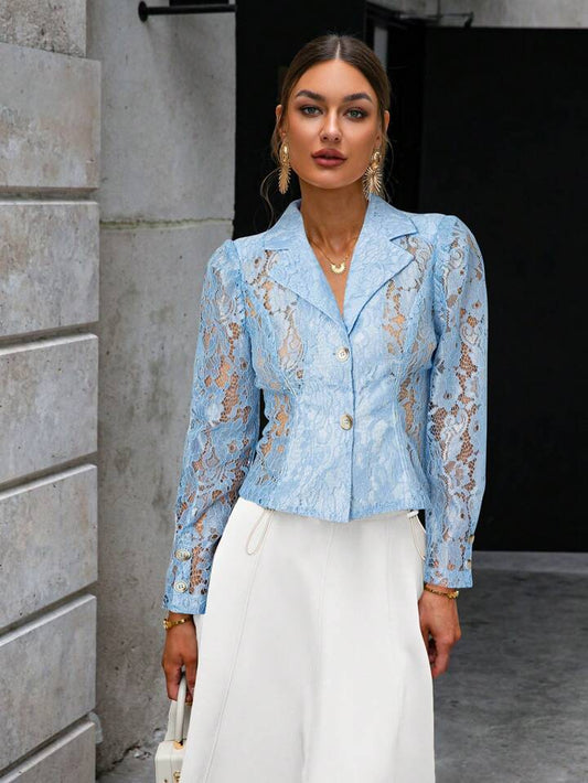 CM-TS109811 Women Elegant Seoul Style Lace Lapel Collar Long Sleeve Shirt - Blue